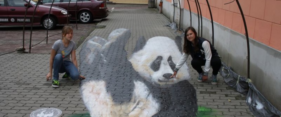 Panda jak żywa na chodniku przed biblioteką